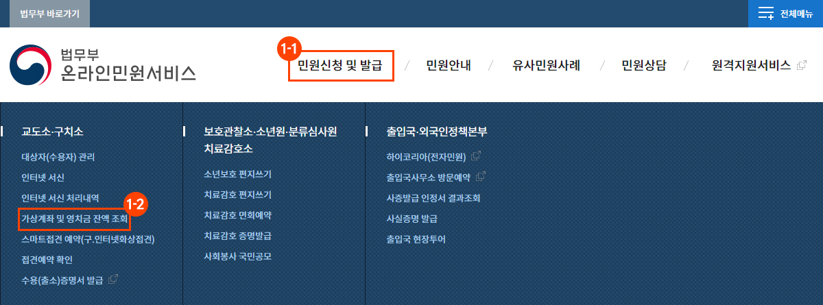 화면 중앙상단 주메뉴(GNB)에서 민원신청 및 발급 > 교도소 및 구치소 > 가상계좌 및 영치금 잔액 조회 메뉴를 선택하세요.